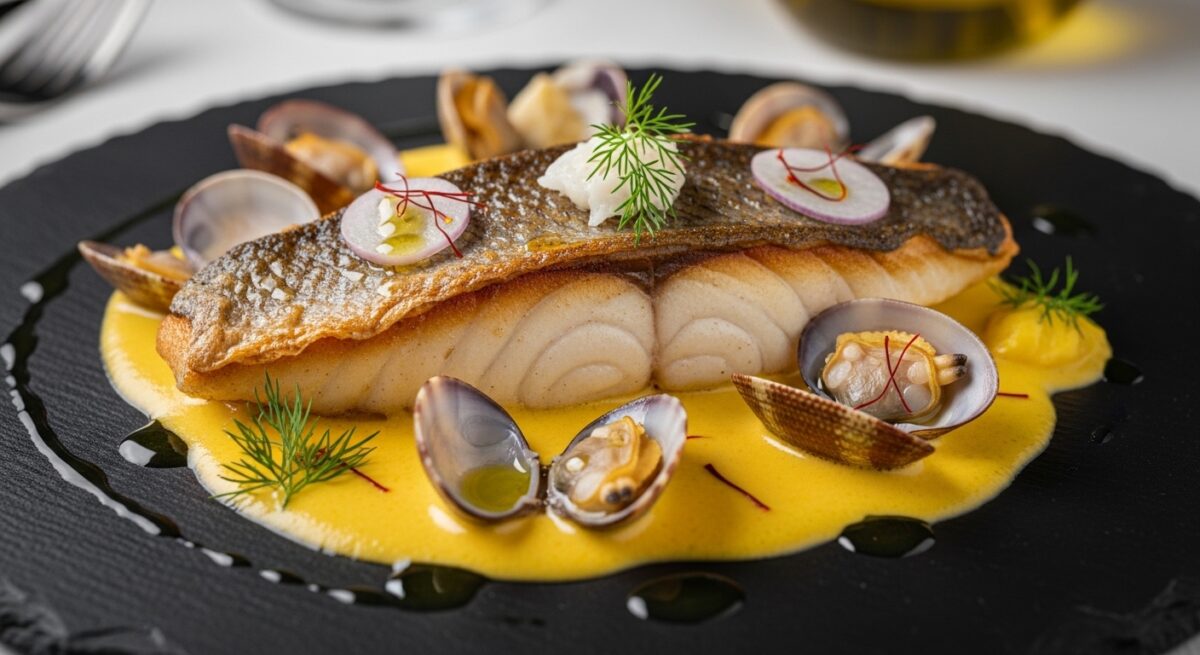 Filetto di Branzino allo Zafferano con Vongole Veraci